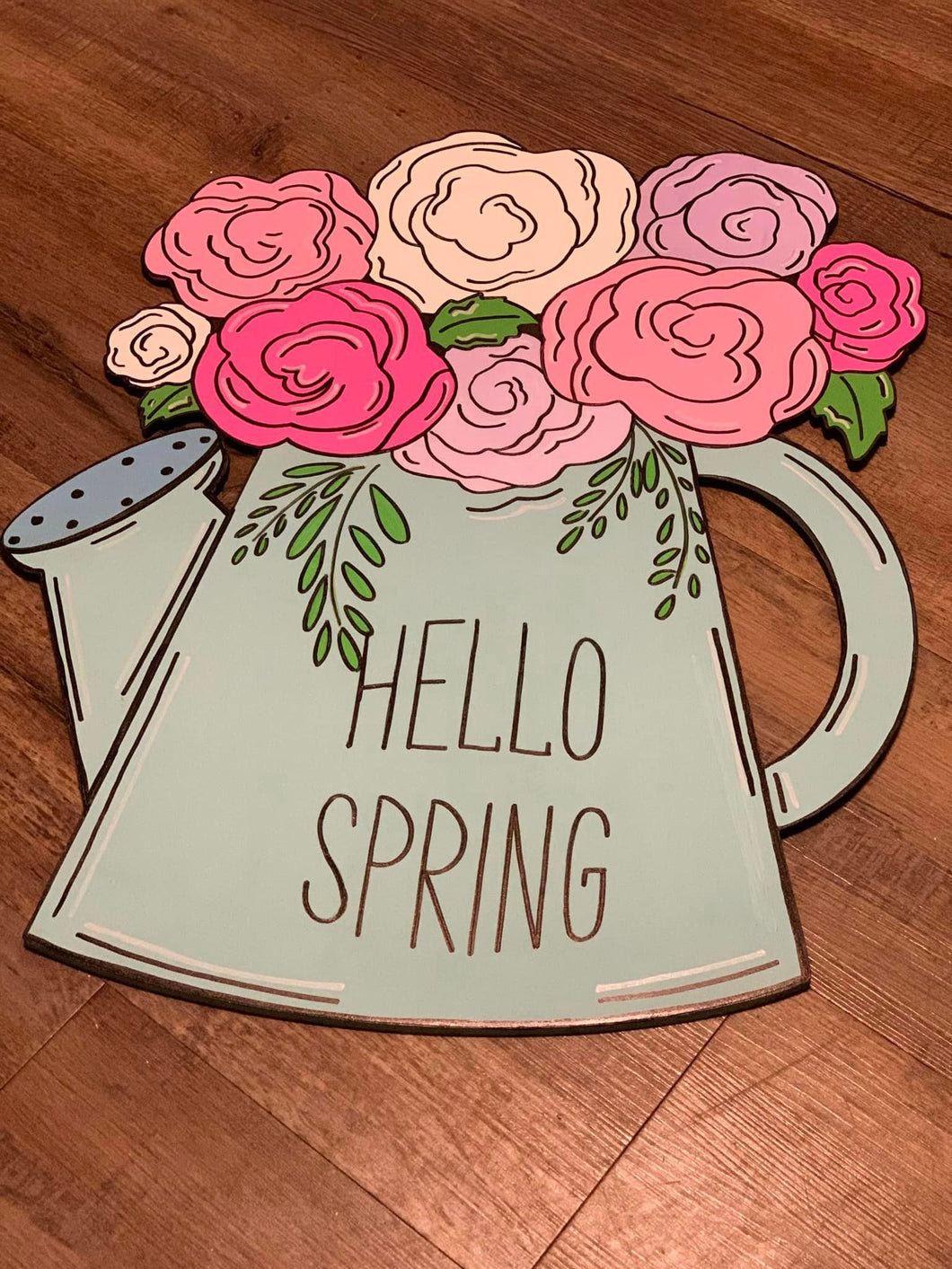 Hello Spring Watering Can Painted Door Hanger